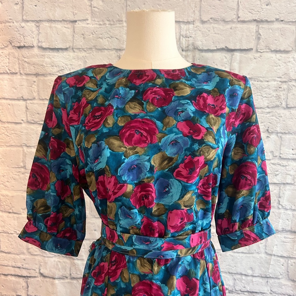 Vintage 60s Dress Handmade Midi Blue Pink Floral w Belt Garden Winter Fall - Picture 4 of 13